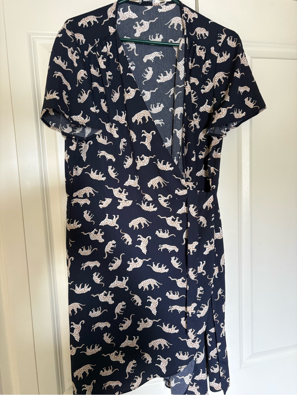 J. Crew Navy Wrap Midi Dress with Cream Leopard Print